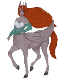 Size: 4200x5600 | Tagged: safe, artist:banshee_hime, oc, oc only, oc:funny jo, alicorn, centaur, anthro, taur, equestria girls, g4, alitaur, anthro centaur, breasts, centaur oc, cleavage, clothes, ear piercing, earring, female, heterochromia, horn, jacket, jewelry, long hair, piercing, simple background, solo, tank top, transparent background, wings