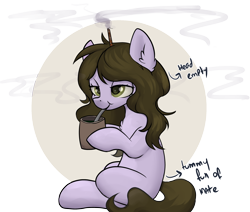 Size: 2600x2200 | Tagged: safe, artist:dumbwoofer, oc, oc:dumbwoofer, earth pony, pony, cup, ear fluff, female, high res, incense, mare, mate, simple background, sitting, smiling, solo, straw, text, transparent background