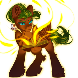 Size: 2500x2500 | Tagged: safe, alternate version, artist:medkit, oc, oc only, oc:melon heart, pegasus, pony, blue eyes, book, chest fluff, colored eyebrows, colored eyelashes, colored hooves, colored pupils, dark, ear fluff, ears up, eyebrows, eyebrows down, fallout equestria oc, feathered wings, female, folded wings, freckles, glowing, glowing eyes, green mane, heart shaped, high res, hoof fluff, hoof hold, horseshoes, leg fluff, long mane, long tail, looking at someone, mare, pegasus oc, ponytail, quadrupedal, red coat, signature, simple background, sketch, smiling, solo, spell, standing, sternocleidomastoid, striped mane, striped tail, tail, two toned coat, wall of tags, warm magic, watermark, white background, wing fluff, wings, yellow magic