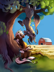 Size: 2000x2673 | Tagged: safe, artist:28gooddays, oc, oc only, earth pony, pony, unicorn, book, commission, earth pony oc, farm, field, high res, horn, leaves, tree, unicorn oc, upside down, ych result