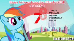 Size: 1920x1079 | Tagged: safe, edit, edited edit, edited screencap, editor:itsmgh1203, screencap, rainbow dash, pegasus, pony, g4, season 3, the crystal empire, crystal empire, derp, female, flag, hoof on chest, indonesia, indonesian independence day, mare, smiling, solo
