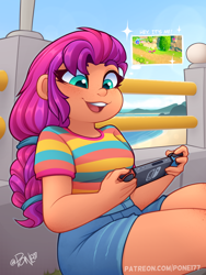 Size: 1470x1960 | Tagged: safe, artist:rivin177, izzy moonbow, sunny starscout, earth pony, human, pony, unicorn, equestria girls, g4, g5, my little pony: a maretime bay adventure, spoiler:g5, beach, chubby, clothes, console, cute, equestria girls-ified, food, freckles, g5 to equestria girls, g5 to g4, game, generation leap, hand, happy, hill, maretime bay, ocean, orange, outfit, playing, pose, railing, shirt, shorts, sitting, sky, solo, sunnybetes, switch, teeth, text, thighs, video game, water