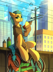 Size: 1898x2560 | Tagged: safe, artist:chamommile, oc, oc only, earth pony, pony, blue eyes, blue hair, blue mane, braid, city, cityscape, clothes, commission, ear fluff, ears back, earth pony oc, graffiti, looking at you, not hitch trailblazer, sitting, smiling, smiling at you, solo, spray can, sun, train, ych result, yellow skin