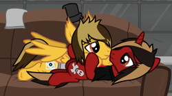 Size: 1823x1019 | Tagged: safe, artist:lightningbolt, derpibooru exclusive, pegasus, pony, unicorn, g4, .svg available, alex gaskarth, all time low, cheek fluff, clothes, couch, cuddling, description is relevant, duo, duo male, dyed mane, dyed tail, ear fluff, gay, hair over one eye, happy, holding, hoof fluff, horn, indoors, jack barakat, lidded eyes, looking at each other, looking at someone, lying down, male, messy room, on back, partially open wings, ponified, shipping, shirt, show accurate, smiling, stallion, svg, t-shirt, tail, vector, wing fluff, wings