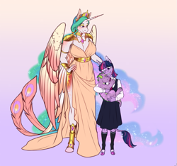 Size: 771x722 | Tagged: safe, artist:blackblood-queen, princess celestia, spike, twilight sparkle, alicorn, dragon, unicorn, anthro, unguligrade anthro, g4, baby, baby spike, breasts, busty princess celestia, cleavage, clothes, crown, digital art, dress, female, filly, filly twilight sparkle, gradient background, jewelry, leonine tail, mama twilight, mare, momlestia, momlestia fuel, regalia, side slit, smiling, tail, teacher and student, total sideslit, winged anthro, wings, younger