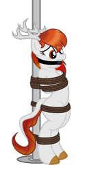 Size: 2165x3708 | Tagged: safe, artist:equestria secret guard, artist:radiantrealm, oc, oc only, oc:surging daylight, pony, antlers, arm behind back, ballgag, belly button, bipedal, blushing, bondage, bound and gagged, female, gag, helpless, high res, horn, jewelry, mare, pole, pole tied, ring, rope, rope bondage, sexy, simple background, solo, tied up, transparent background