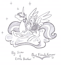 Size: 1868x2008 | Tagged: safe, artist:foldawaywings, spike, twilight sparkle, alicorn, dragon, pony, g4, book, brother and sister, cloud, duo, female, grayscale, lying down, lying on a cloud, male, mare, monochrome, on a cloud, pencil drawing, prine, siblings, simple background, traditional art, twilight sparkle (alicorn), ultimate twilight, white background