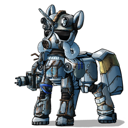 Size: 2700x2700 | Tagged: safe, artist:uteuk, oc, oc only, pony, fallout equestria, armor, fallout, high res, laser gun, minigun, power armor, rust, simple background, solo, white background