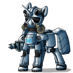 Size: 2700x2700 | Tagged: safe, alternate version, artist:uteuk, oc, oc only, pony, fallout equestria, armor, fallout, high res, laser gun, minigun, power armor, simple background, solo, white background