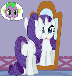 Size: 866x922 | Tagged: safe, artist:thewalrusclown, rarity, spike, dragon, pony, unicorn, g4, body swap, butt, carousel boutique, female, male to female, mare, mirror, plot, shocked, species swap