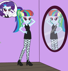 Size: 873x915 | Tagged: safe, artist:thewalrusclown, rainbow dash, rarity, human, equestria girls, g4, black dress, body swap, clothes, dress, high heels, makeover, makeup, mirror, ponytail, rainbow dash always dresses in style, shoes, smiling