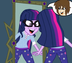 Size: 815x715 | Tagged: safe, artist:thewalrusclown, sci-twi, twilight sparkle, human, equestria girls, g4, arms, body swap, bust, clothes, excited, female, glasses, happy, legs, long hair, male to female, mirror, pajamas, rule 63, smiling, teenager