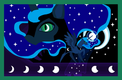 Size: 2052x1352 | Tagged: safe, artist:foldawaywings, princess luna, alicorn, pony, g4, dark background, ethereal mane, female, lunar phases, mare, slit pupils, starry mane