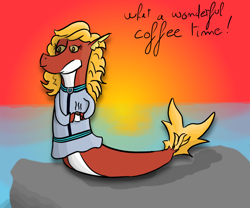 Size: 1200x1000 | Tagged: safe, artist:emir de la moquette, oc, oc:posada, seapony (g4), equestria at war mod, clothes, coffee, hatless, ocean, rock, sky, sunset, water