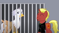 Size: 1280x720 | Tagged: safe, artist:mlp-silver-quill, oc, oc:firebrand, oc:silver quill, after the fact, after the fact:pinkie pride, clothes, jail, military prison, prison, vest