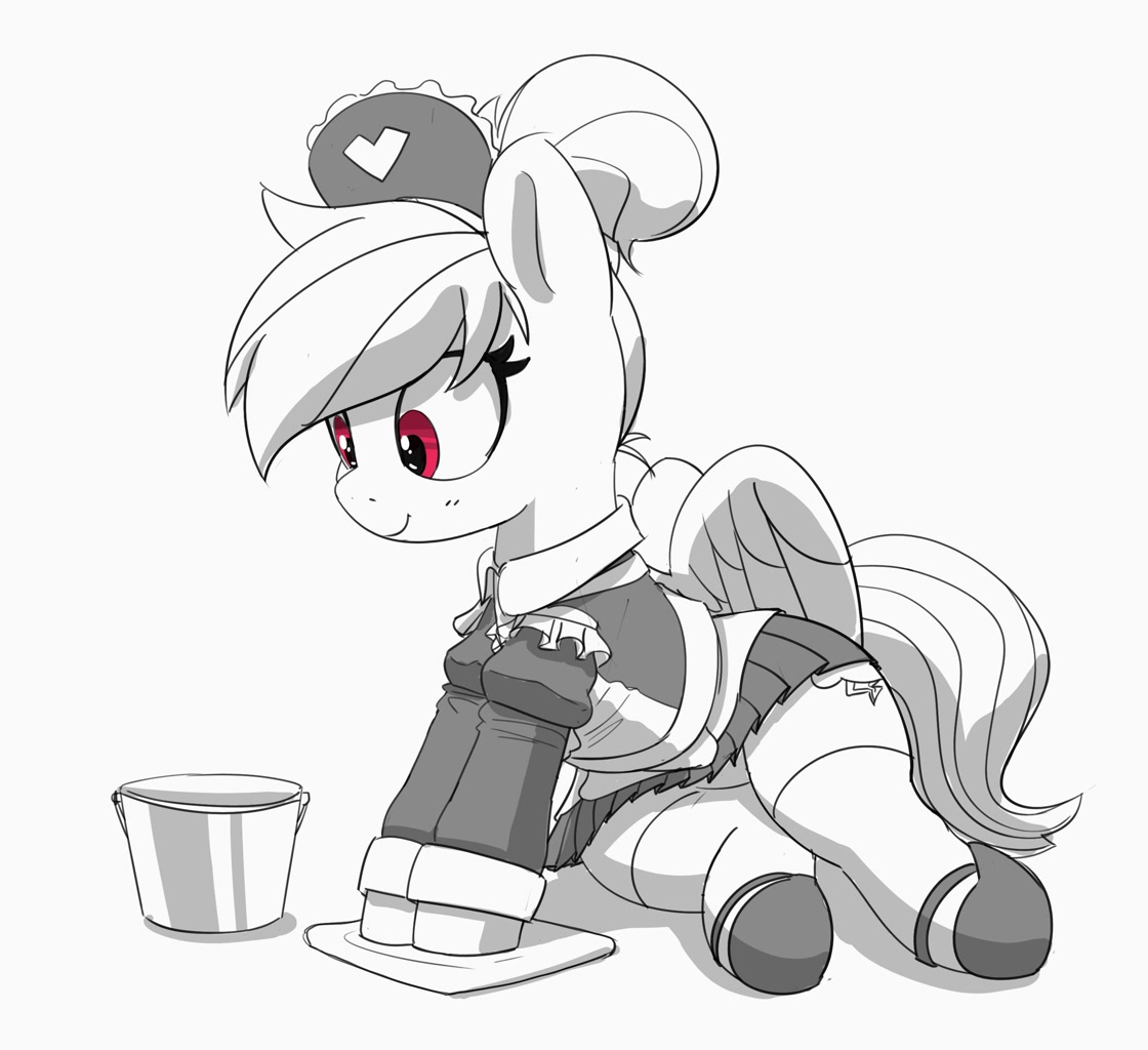 [alternate hairstyle,bucket,clothes,female,grayscale,hair bun,maid,mare,monochrome,pegasus,pony,rainbow dash,safe,simple background,sitting,solo,white background,partial color,maid headdress,smiling,artist:pabbley,rainbow maid]