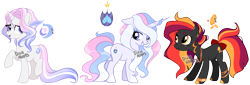 Size: 2610x888 | Tagged: safe, artist:dixieadopts, oc, oc only, oc:crystal shield, oc:noveau riche, oc:royal moonlight, earth pony, pony, unicorn, anklet, bangles, beanbrows, beauty mark, blue eyes, bow, bracelet, colored hooves, ear piercing, earring, earth pony oc, eyebrows, eyeshadow, feather, female, freck;es, freckles, golden eyes, gradient mane, gradient tail, grin, horn, horn jewelry, jewelry, leg freckles, lidded eyes, looking back, makeup, mare, necklace, offspring, one eye closed, orange eyes, parent:fancypants, parent:filthy rich, parent:fluttershy, parent:princess cadance, parent:shining armor, parent:sunset shimmer, parents:fancyshy, parents:shiningcadance, piercing, raised hoof, simple background, smiling, sparkly mane, sparkly tail, standing, standing on two hooves, tail, tail bow, transparent background, trio, unicorn oc, wink, yellow eyes