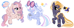 Size: 3000x1126 | Tagged: safe, artist:dixieadopts, oc, oc only, oc:pastel sky, oc:star crash, oc:terranova, hybrid, pegasus, pony, bandage, bandaid, bandaid on nose, beanbrows, blaze (coat marking), blue eyes, closed mouth, coat markings, colored hooves, colored wings, colored wingtips, ear piercing, earring, eyebrows, eyeshadow, facial markings, female, flying, folded wings, freckles, glasses, golden eyes, hair over eyes, hippogriff hybrid, hoof polish, hybrid oc, interspecies offspring, jewelry, leg feathers, leg freckles, lidded eyes, looking at you, magical lesbian spawn, makeup, mare, multicolored wings, offspring, open mouth, parent:fluttershy, parent:photo finish, parent:spitfire, parent:star tracker, parent:terramar, parent:twilight sparkle, parents:fluttermar, parents:spittracker, parents:twifinish, pegasus oc, piercing, raised hoof, round glasses, simple background, smiling, socks (coat markings), sparkly mane, sparkly tail, spread wings, standing on two hooves, sunglasses, tail, transparent background, turned head, unshorn fetlocks, wings, yellow eyes