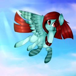 Size: 1500x1500 | Tagged: safe, artist:oniiponii, oc, oc only, pegasus, pony, clothes, collar, eye clipping through hair, female, flying, mare, pegasus oc, socks, solo, striped socks, wings