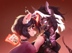 Size: 2050x1512 | Tagged: safe, artist:jewellier, oc, oc only, pony, unicorn, abstract background, art trade, black sclera, choker, clothes, couple, duo, duo male and female, ear piercing, earring, female, glowing, glowing horn, horn, jewelry, looking at each other, looking at someone, magic, magic aura, male, mare, particles, piercing, spiked choker, stallion, sticker, unicorn oc, unshorn fetlocks, yuumi
