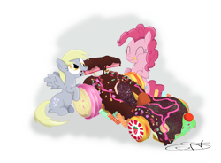 Size: 1471x1083 | Tagged: safe, artist:edonovaillustrator, derpy hooves, pinkie pie, earth pony, pegasus, pony, g4, candy, cart, chocolate, duo, eyelashes, eyes closed, food, signature, simple background, smiling, sprinkles, sweets, transparent background, wings, wreck-it ralph