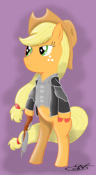 Size: 520x945 | Tagged: safe, artist:edonovaillustrator, applejack, earth pony, pony, g4, bipedal, clothes, female, freckles, gun, hat, hoof hold, mare, purple background, signature, simple background, weapon