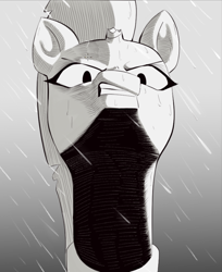 Size: 622x762 | Tagged: safe, artist:gobsmacker, tempest shadow, pony, unicorn, g4, angry, broken horn, bust, female, grayscale, gritted teeth, horn, mare, modern art, monochrome, optical illusion, rain, scowl, solo, teeth