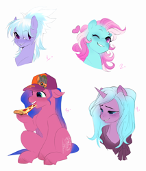 Size: 2344x2754 | Tagged: safe, artist:aztrial, idw, chuck e cheese pony, cloudchaser, minty, radiant hope, earth pony, pegasus, pony, unicorn, g1, g3, g4, baseball cap, bust, cap, chuck e. cheese, chuckebetes, cute, cutechaser, eating, female, filly, foal, food, hat, high res, hoof hold, hopeabetes, mare, mintabetes, pizza, simple background, white background