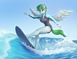 Size: 6072x4662 | Tagged: safe, artist:dandy, morning dew, pegasus, anthro, unguligrade anthro, g4, absurd resolution, breasts, clothes, commission, ear fluff, eyeshadow, female, freckles, makeup, muscles, pegasus oc, questionable source, sky, surfing, water, wave, wet, wetsuit, wings, ych result
