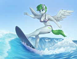 Size: 6072x4662 | Tagged: safe, alternate version, artist:dandy, morning dew, pegasus, anthro, unguligrade anthro, g4, abs, absurd resolution, belly button, bikini, boob freckles, breasts, chest freckles, cleavage, clothes, commission, ear fluff, eyeshadow, female, freckles, makeup, muscles, outdoors, pegasus oc, sky, surfing, swimsuit, water, wave, wet, wings, ych result