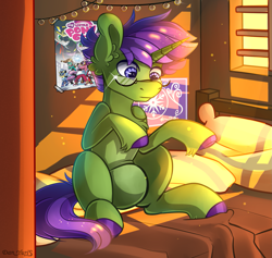 Size: 1827x1733 | Tagged: safe, alternate version, artist:yuris, oc, oc only, oc:fable, pony, unicorn, bed, bedroom, commission, glasses, poster, room, sitting, solo, window