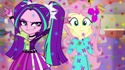 Size: 3000x1688 | Tagged: safe, artist:ajosterio, artist:bigpurplemuppet99, edit, aria blaze, fluttershy, human, equestria girls, g4, female, lesbian, lights, party, ship:ariashy, shipping