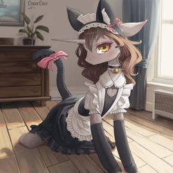 Size: 1600x1600 | Tagged: safe, artist:lunarlacepony, oc, oc only, oc:silver bubbles, pony, unicorn, apron, bell, bell collar, bow, cat ears, choker, clothes, collar, crossdressing, dress, eyeshadow, femboy, looking at you, maid, maid headdress, makeup, male, socks, tail, tail wrap