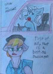 Size: 2221x3124 | Tagged: safe, artist:reddthebat, copper top, trixie, earth pony, pony, unicorn, g4, 2 panel comic, car, comic, dialogue, duo, female, floppy ears, high res, mare, police, traditional art, unamused