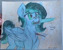 Size: 3394x2729 | Tagged: safe, artist:reddthebat, oc, oc only, oc:alaska (reddthebat), ghost, ghost pony, pegasus, pony, arrow, female, high res, mare, mouth hold, signature, solo, sword, traditional art, weapon