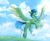 Size: 4249x3485 | Tagged: safe, artist:chamommile, oc, oc only, oc:distant skies, bird, pegasus, pony, cloud, colored wings, commission, flying, high res, outdoors, pixelated, river, scenery, signature, sky background, solo, two toned wings, unshorn fetlocks, water, wings, ych result