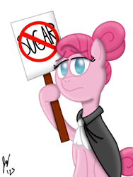 Size: 1620x2160 | Tagged: safe, artist:jesslmc16, idw, pinkie pie, earth pony, pony, g4, anti-sugar pinkie pie, cape, clothes, comic, digital art, female, holding, holding sign, mare, sad, sign, signature, simple background, sitting, solo, straight hair, white background