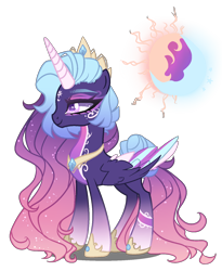 Size: 1300x1586 | Tagged: safe, artist:gihhbloonde, oc, oc only, alicorn, pony, alicorn oc, anklet, body markings, closed mouth, colored horn, colored pupils, colored wings, colored wingtips, crown, eyeshadow, facial markings, female, folded wings, fusion, fusion:princess celestia, fusion:princess luna, gradient legs, gradient mane, gradient tail, hoof shoes, horn, jewelry, lidded eyes, makeup, mare, multicolored wings, pale belly, peytral, purple eyes, regalia, side view, simple background, smiling, solo, sparkly mane, sparkly tail, standing, tail, tail bun, tiara, transparent background, wings