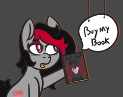 Size: 972x771 | Tagged: safe, artist:lazerblues, oc, oc only, oc:miss eri, earth pony, pony, author, book, cardboard cutout, emo, gray background, simple background, solo