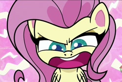 Size: 1068x720 | Tagged: safe, screencap, fluttershy, pegasus, pony, death of a sales-pony, g4.5, my little pony: pony life, angry, cropped, fluttershy is not amused, giantshy, macro, solo, unamused, yelling