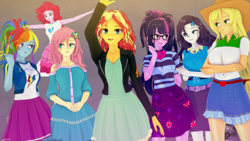 Size: 3840x2160 | Tagged: safe, artist:stellarwools, applejack, fluttershy, pinkie pie, rainbow dash, rarity, sci-twi, sunset shimmer, twilight sparkle, human, equestria girls, g4, 3d, applejack's skirt, clothes, cute, female, glasses, group photo, high res, humane five, humane seven, humane six, koikatsu, rah rah skirt, sci-twi skirt, skirt