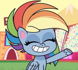 Size: 797x720 | Tagged: safe, screencap, rainbow dash, pegasus, pony, g4, g4.5, my little pony: pony life, the great divide, cropped, cute, dashabetes, eyes closed, grin, smiling, solo, stadium