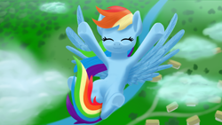 Size: 3840x2160 | Tagged: safe, artist:stellardust, rainbow dash, pegasus, pony, g4, 4k, cloud, cute, dashabetes, eyes closed, falling, female, freefall, high res, mare, ponyville, smiling, solo, spread wings, wings