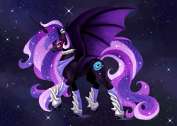 Size: 1514x1080 | Tagged: safe, artist:celestialess, artist:sldains, oc, oc only, oc:princess celestialess, alicorn, bat pony, bat pony alicorn, black hole pony, pony, alicorn oc, bandana, bat wings, black hole, choker, collaboration, collar, concave belly, ethereal mane, female, horn, long horn, long mane, long tail, mare, old art, ponified, raised hoof, raised leg, red eyes, side view, slender, solo, space, spiked choker, spiked collar, spread wings, standing, starry mane, starry tail, stars, tail, thin, wings