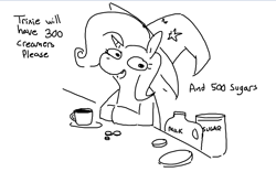 Size: 915x572 | Tagged: safe, artist:tjpones, trixie, pony, unicorn, g4, black and white, coffee mug, dialogue, female, grayscale, mare, monochrome, mug, simple background, solo, talking to viewer, this will end in diabetes, white background