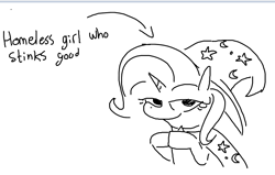 Size: 829x528 | Tagged: safe, artist:tjpones, trixie, pony, unicorn, g4, arrow, black and white, female, grayscale, homeless, hooves together, looking at you, mare, monochrome, simple background, smug, solo, text, trixie is poor, white background