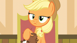 Size: 888x498 | Tagged: safe, artist:forgalorga, applejack, filthy rich, winona, dog, earth pony, pony, g4, animated, eyebrows, eyes closed, female, frown, gif, grin, hoof licking, licking, male, mane 6 after g4 ended, mare, nervous, nervous smile, smiling, stallion, tongue out, trio, uneasy