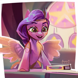 Size: 3000x3000 | Tagged: safe, artist:annna markarova, pipp petals, pegasus, pony, g5, spoiler:g5, female, high res, jewelry, leaning forward, mare, open mouth, open smile, screentone, smiling, solo, spread wings, tiara, wings