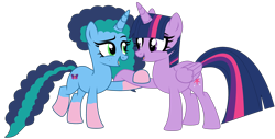 Size: 4790x2435 | Tagged: safe, artist:mint-light, artist:twilyisbestpone, misty brightdawn, twilight sparkle, alicorn, pony, unicorn, g4, g5, base used, coat markings, colored hooves, cute, duo, duo female, eye contact, female, g5 to g4, generation leap, high res, looking at each other, looking at someone, mare, mistybetes, simple background, smiling, socks (coat markings), tail, transparent background, twiabetes, twilight sparkle (alicorn), two toned mane, two toned tail