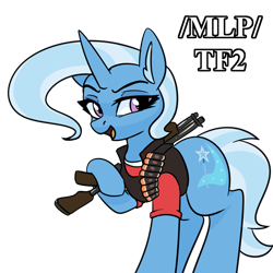 Size: 1024x1024 | Tagged: safe, artist:rusfag, trixie, pony, unicorn, g4, /mlp/ tf2 general, female, gun, heavy weapons guy, mare, shotgun, simple background, smug, solo, team fortress 2, text, transparent background, weapon